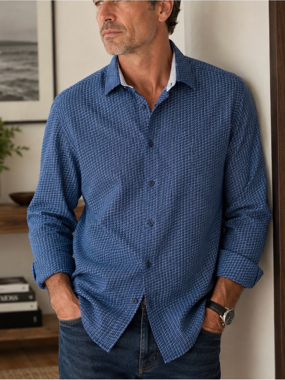 Nine West Men's Blue Patterned Long-Sleeve Button-Down‎ Shirt